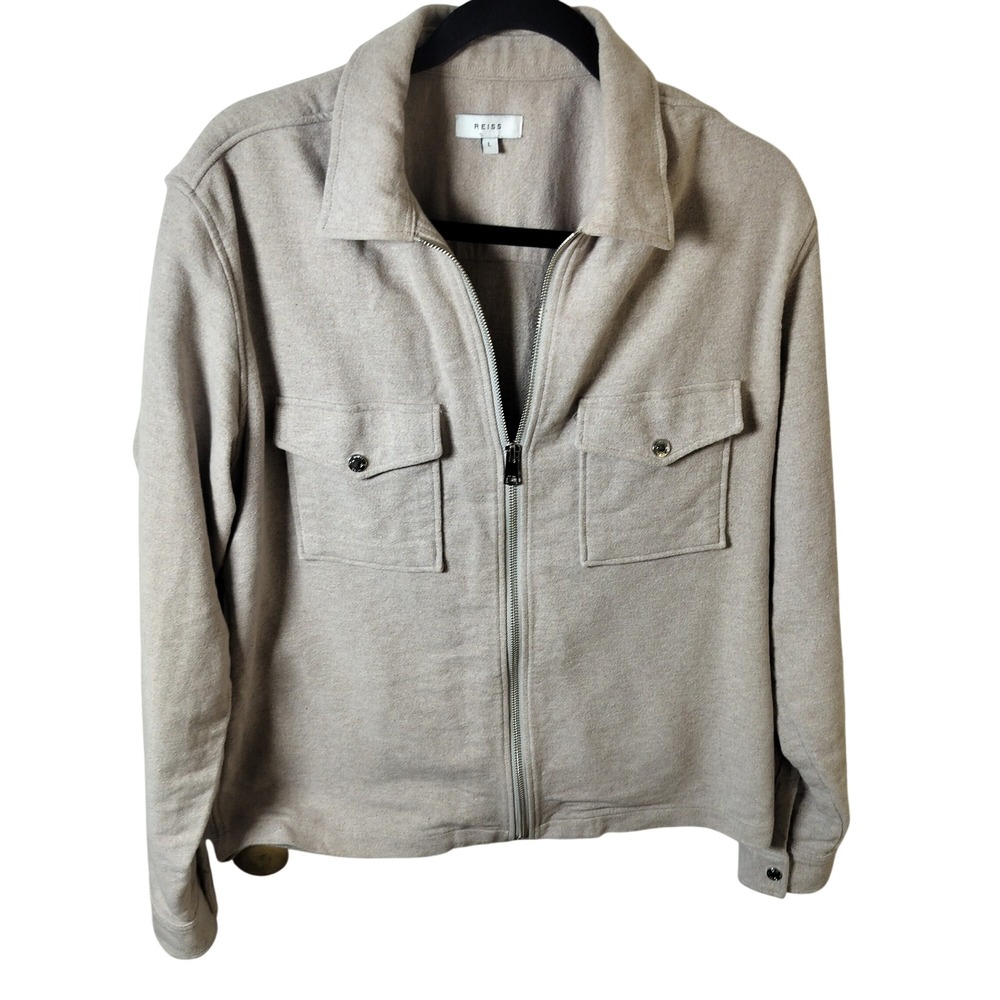 Reiss Mens Oatmeal Beige‎ Zip Front Utility Jacket Large Soft Textured Coat